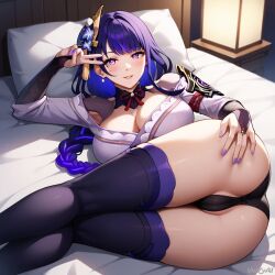 ai_generated big_breasts breasts cleavage cowboy_shot dress female genshin_impact hi_res long_hair purple_eyes purple_hair raiden_shogun thighs vinzyai