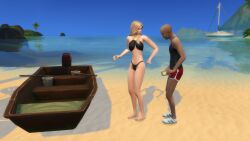 beach bikini blonde_hair creepy dark_skin interracial light_skin no_sex older_male uncomfortable younger_female