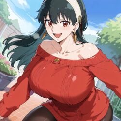 ai_generated big_breasts black_hair breasts earrings hairband large_breasts long_hair milf mommy mother red_eyes spy_x_family sweater very_long_hair yor_forger zenzen