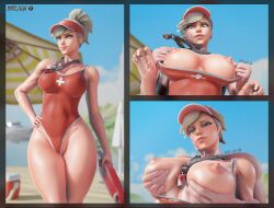 1boy 1girls 3d angela_ziegler beach big_breasts blizzard_entertainment blonde_hair blue_eyes breast_grab breasts breasts_out comic female hasfeldt hat lifeguard_mercy light-skinned_female light-skinned_male light_skin male mercy overwatch overwatch_2 ponytail swimsuit swiss swiss_female watermark wide_hips