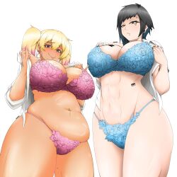 2girls axezon big_breasts black_hair blonde_hair chubby dark-skinned_female dark_skin female female_only from_below gyaru hi_res kaya_(axezon) lace large_breasts light-skinned_female original pinky_(axezon) twintails underwear