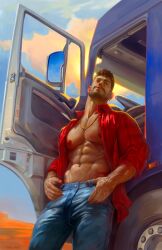 1boy abs alpha_male artwork_(digital) bara beard biceps clothing cocky daddy male male_nipples male_only manly muscular_male nipples open_shirt pecs qai_san