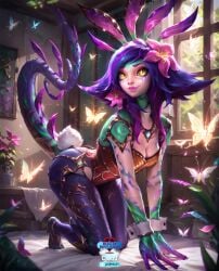 ai ai_generated all_fours artist_name body_paint bodypaint breasts butterfly cleavage colored_skin female flower gloves hair_flower hair_ornament indoors league_of_legends leotard lizard_girl lizard_humanoid lizard_tail looking_at_viewer medium_breasts monster_girl necklace neeko on_bed pantyhose patreon patreon_username plant purple_hair rule34_diffusion(artist) solo tail video_game video_game_character video_games watermark window wrist_cuffs yellow_eyes