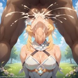 1boy 1girls 2d absurd_res ai_generated backsack balls blonde_hair cum cum_in_mouth dark-skinned_male deepthroat ejaculation genshin_impact highres light-skinned_female lumine_(genshin_impact) skybea sword_swallowing_position testicles throat_bulge throat_fuck