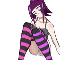 1girls ass_focus bags_under_eyes big_forehead black_top dawn_patrol emotionless eyebrows light-skinned_female pantyshot purple_hair rika_(dawn_patrol) rimarybruhman short_hair sitting skinny solo solo_female solo_focus striped_legwear tank_top white_panties