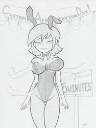 2009 blush breasts bunny_ear bunny_suit catsprin disembodied_hands erect_nipples erin_esurance esurance fishnets mascot monochrome nipples roger_bacon white_background