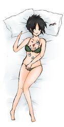 aiko_yumi black_hair female female_only glasses gray_eyes green_bra green_panties green_underwear huniepop laying_on_bed short_hair solo