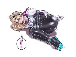 2d 2d_(artwork) ass blonde_female blonde_hair blonde_hair_female blue_heels bondage bound female female_focus female_only frelncer gag gagged gwen_stacy hairband human humanoid legs marvel marvel_comics rope rope_bondage spider-gwen spider-man:_across_the_spider-verse spider-man:_into_the_spider-verse spider-man_(series) superhero superhero_costume superheroine thighs