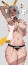 abioske ark_(fortnite) big_ass big_breasts blue_markings boob_squish breast_grab breasts buttplug_tail choker dat_ass fortnite fortnite:_battle_royale full_body golden_chains greeting grope groping groping_breasts heart_eyes light-skinned_female meme nipple_piercing nose_piercing panties_only pikachu_(cosplay) pokemon seductive seductive_body seductive_eyes seductive_female seductive_gaze seductive_look seductive_pose septum_piercing thick_thighs thighs thighs_together wedged_panties white_hair