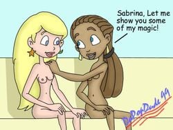 1990s 1999 20th_century 2girls archie_comics blonde_hair blue_eyes brown_hair chloe_flan da_pop_dude dark-skinned_female dark_skin human multiple_girls nude sabrina:_the_animated_series sabrina_spellman sabrina_the_teenage_witch yuri