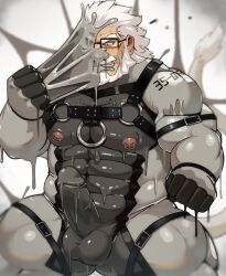 2022 5_fingers balls beard blizzard_entertainment blue_eyes erection eyewear facial_hair fingers genitals glasses goo_on_face goo_suit goo_transformation hair harness hi_res human korosuke male male_only mammal muscular nipple_piercing nipples overwatch penis piercing reinhardt_(overwatch) solo transformation white_beard white_facial_hair white_hair