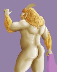 1boy 2020 anthro arm_hair asgore_dreemurr ass beard belly biceps big_butt blonde_hair body_hair bovid cape caprine clothing facial_hair fur goat hair hairy hi_res holding_cape horn kirlanlion lineless looking_at_viewer looking_back male male_only mammal musclegut muscular muscular_anthro muscular_male nude nude_anthro nude_male purple_background rear_view simple_background slightly_chubby slightly_chubby_male solo undertale undertale_(series) white_body white_fur