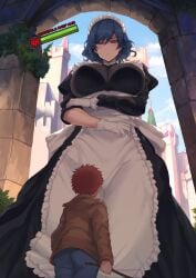 1boy 1girls big_breasts blue_hair fully_clothed larger_female level_difference looking_at_another looking_down maid smaller_male tagme text tresmarrow victorian video_games