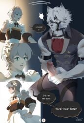 2boys anthro butler canid canine canis caught caught_in_the_act caught_masturbating english_text fapping femboy fur furry gay maid maid_uniform mammal purrana von_lycaon white_body white_fur wise_(zenless_zone_zero) wolf yaoi zenless_zone_zero