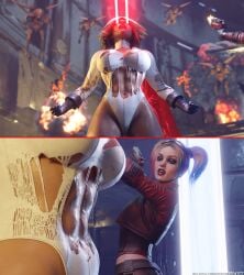 2girls 3d 3d_(artwork) abs action_pose admiring athletic_female blonde_hair cleavage dc_comics female harley_quinn harley_quinn_(injustice) injustice_2 meme_reference movie_reference multicolored_hair muscular muscular_female power_girl smokescreen117 torn_clothes voluptuous voluptuous_female