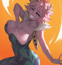 big_breasts cleavage female hero_outfit_(mha) hi_res large_breasts mina_ashido my_hero_academia pink_body pink_hair pink_skin solo spiralnoww