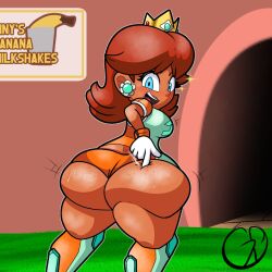 1girls ass big_ass bottom_heavy brown_hair daisy's_hot_stuff_(trend) female freckles freckles_on_ass goldenpiecesda large_ass mario_(series) mario_strikers mario_strikers_princess_daisy_side_view_redraw_(meme) nintendo orange_shorts princess_daisy soccer_uniform tight_fit