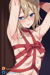 1girls ai_generated blonde_hair blush blush hayasaka_ai indoors kaguya-sama_wa_kokurasetai_~tensai-tachi_no_renai_zunousen~ looking_at_viewer medium_hair ribbon seductive_smile small_breasts solo solo_female solo_focus thebardspirit