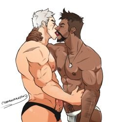 activision bara beard blizzard_entertainment bulge dark-skinned_male gabriel_reyes gay hanamuransfw jack_morrison jockstrap kissing male male_nipples male_only manly mature_male muscular_male nipples overwatch overwatch_2 penis reaper soldier_76 underwear