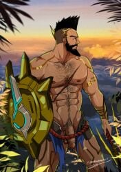 abs atreus_(league_of_legends) balls bara beard biceps big_balls big_penis hairy_chest hanamuransfw league_of_legends male male_nipples male_only male_pubic_hair muscular_male nipples nude pantheon pecs penis riot_games tattoos