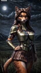 ai_generated animal_ears anthro armor artist_name breastplate breasts brown_hair cloud female female_anthro full_moon furry furry_female grass hand_on_hip hi_res high_resolution highres long_hair looking_at_viewer moon night night_sky outdoors photorealistic pleated_skirt realistic red_eyes shoulder_armor skirt sky solo stable_diffusion tail twitter twitter_username watermark yiffyjiffy2 yiffyjiffy69