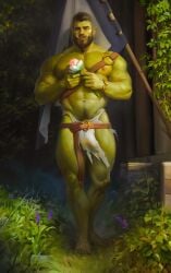 abs bara beard biceps big_bulge bulge green-skinned_male green_body green_skin hairy_chest male male_nipples male_only male_pubic_hair manly muscular_male nipples orc orc_male pecs penis_outline penis_under_clothes pointy_ears qai_san teeth teeth_visible tusks