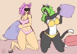 big_breasts black_cat black_fur bra_and_panties flo_(rocky_rakoon) furry furry_only green_hair light-neko mascot pillow_fight pink_hair playful rocky_rakoon softcore the_light-looker_society two_girls underwear undies youtuber