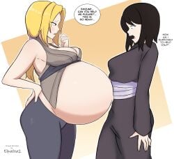 2girls big_breasts black_eyes black_hair blonde_hair blush breasts color edit elpacha2 exposed_belly female hand_on_hip human naruto orange_eyes popped_navel pregnant ready_to_pop shizune text thick_thighs tsunade wickedatlas wide_hips