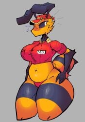 abdomen anthro arthropod arthropod_abdomen arthropod_humanoid baseball_cap bee_girl big_breasts black_eyes black_fur cap chubby chubby_anthro chubby_female embarrassed eyebrow_piercing fur furry huge_thighs insect no_pants oc original original_character panties pizza_bee_(xexeezy) red_shirt red_thong thick thick_hips thick_legs thick_thighs thighs top xexeezy yellow_fur