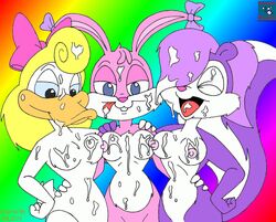 3girls anthro babs_bunny bird black_eyes blonde_hair blue_eyes bukkake cum cum_on_hair duck female female_only fifi_la_fume fur furry hair mammal multiple_females multiple_girls mustelid nude rabbit shirley_the_loon skunk soft_feathers tiny_toon_adventures uncensored vorikin