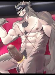 1boy abs another_eidos_of_dragon_vein_r anothereidos_of_dragon_vein_r anthro armpit_focus armpit_hair balls_bulge bandanna_on_forehead body_hair canid canine chains chest_hair duel full_house_(anothereidos_r) fullhouse fur furry gold_(metal) gold_chain headband male male_focus male_only mammal multicolored_body muscular muscular_anthro muscular_male nipple_piercing nipples raised_arms scar solo solo_male tenting wolf wubaikongx