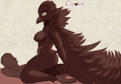 2024 ambiguous_penetration anon anthro avian beak bird breasts corvid corvus_(genus) cosmonaut cowgirl_position crow digital_drawing_(artwork) digital_media_(artwork) duo feathers feet female female_on_human female_on_top from_front_position hi_res human human_on_anthro interspecies looking_at_another male male/female male_on_anthro mammal monochrome neck_tuft nipples non-mammal_breasts on_bottom on_top oscine passerine penetration sepia sex signature tail talons toes tuft winged_arms wings