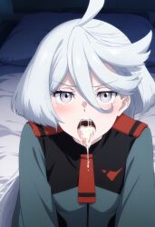 cum_in_mouth cum_string fellatio gundam_suisei_no_majo looking_at_viewer miorine_rembran oral tongue_out white_hair