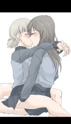 aki_(girls_und_panzer) army_uniform blonde_hair brown_hair female kissing mika_(girls_und_panzer)