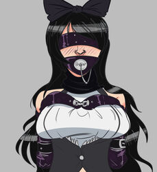 1girls armbinder bare_shoulders black_hair blake_belladonna blindfold blush bondage clothed clothing female_only gag gagged hairbow latex long_hair open_mouth_gag plug_gag ring_gag rwby scarf simple_background solo solo_female tbsp-art white_shirt