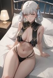 ai_generated big_breasts breasts cleavage cowboy_shot female hi_res jinhsi_(wuthering_waves) long_hair smile thighs vinzyai wuthering_waves