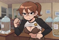 ai_generated angry angry_face bigmic145 bra breasts brown_hair cleavage clenched_fist clothed clothed_female clothing cookies female female_only glasses hoop_earrings julie_powers looking_at_viewer mad partially_clothed ponytail scott_pilgrim scott_pilgrim_takes_off scott_pilgrim_vs._the_world solo_female