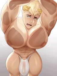 1boy abs animated animation bara bara_tiddies bara_tits big_breasts big_bulge big_chest big_pecs big_tits blonde blonde_hair blush blushing blushing_male bulge gasaiv golden_feathers huge_chest huge_pecs male male_only muscular muscular_male solo solo_male teal_eyes thong