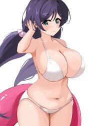 blush breasts cleavage closed_mouth collarbone curvy female green_eyes hair_between_eyes hair_ornament hair_scrunchie heart heart-shaped_pupils highres holding holding_swim_ring huge_breasts innertube large_breasts long_hair looking_at_viewer love_live! navel pink_innertube pisagi purple_hair scrunchie sidelocks simple_background smile solo standing swim_ring swimsuit symbol-shaped_pupils toujou_nozomi twintails very_long_hair white_background wide_hips