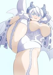 armored_dress blush breasts demon_girl demon_horns duel_monster female huge_breasts labrynth_of_the_silver_castle legwear looking_down lovely_labrynth_of_the_silver_castle odenokaz one_leg_raised one_leg_up panties silver_eyes solo sweatdrop underwear white_hair wings yu-gi-oh!