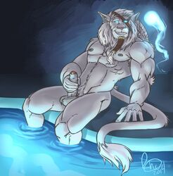 1boy 2014 anthro balls beard biceps big_muscles eye_patch eyewear facial_hair feline fur furry glowing glowing_eyes hypnosis league_of_legends lion male male_only mammal masturbation mind_control muscles omegaro pecs penis relaxing rengar sitting solo teeth uncut water white_fur