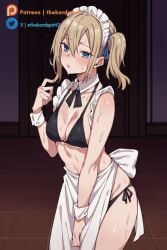 ai_generated bikini blonde_hair cleavage female female_focus hayasaka_ai indoors kaguya-sama_wa_kokurasetai_~tensai-tachi_no_renai_zunousen~ looking_at_viewer maid maid_apron maid_bikini maid_headdress navel ribbon sfw short_hair solo solo_female solo_focus stomach sweating thebardspirit thighs uncensored younger_female