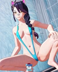 ai_generated animal_ears bandaid_on_face bandaid_on_nose barefoot black_hair braid breasts cat_ears erisa_(fortnite) fake_animal_ears female fortnite indoors long_hair looking_at_viewer medium_breasts navel patreon patreon_username rule34_diffusion(artist) sling_bikini slingshot_swimsuit smile solo spread_legs squatting swimsuit video_game video_game_character video_games watermark yellow_eyes