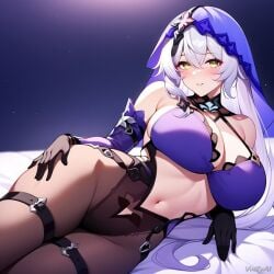 ai_generated big_breasts black_swan_(honkai:_star_rail) breasts cleavage cowboy_shot female hi_res honkai:_star_rail huge_breasts long_hair pantyhose smile thick_thighs thighs vinzyai white_hair