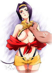 1girls 2009 blush breasts cowboy_bebop dated faye_valentine female headband human konkitto large_breasts male nipple_slip nipples pale-skinned_female pale_skin purple_background purple_hair shirt_pull short_hair shorts solo_focus thighhighs white_background