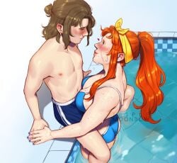 1boy 1girls blush bow_ribbon curvy female freckles ginger ginger_hair handholding large_breasts love male male_and_female_focus pool poolside romantic swimsuit triple_moonbow wholesome