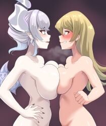 2girls alexis_rhodes angry blonde_hair blush breast_size_difference brown_eyes demon duel_monster earrings edorado eldorado_gh huge_breasts labrynth_of_the_silver_castle laughing lovely_labrynth_of_the_silver_castle nervous no_text_version nude pose silver_eyes smile sweatdrop tenjouin_asuka twintails white_hair wings yu-gi-oh! yu-gi-oh!_gx