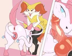 2024 animal_genitalia animal_pussy anthro anus ass biped black_body black_fur black_sheath blue_sclera bodily_fluids braixen canine_genitalia canine_pussy digital_media_(artwork) digitigrade duo eeveelution fellatio female female_feral feral fur generation_6_pokemon genitals gloves_(marking) hand_on_head hi_res knot male male/female male_anthro markings nintendo oral orange_eyes paws penile penis pink_anus pink_body pink_fur pink_pussy pokemon pokemon_(species) pussy red_penis saliva saliva_on_penis sex sheath sweat sylveon unusualmatias vein veiny_penis white_body white_fur yellow_body yellow_fur