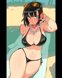 1girls beach beach_towel big_breasts bikini blush bracelet breasts cleavage female female_only fubuki_(one-punch_man) green_eyes green_hair looking_at_viewer necklace one-punch_man qewie short_hair solo sunglasses sunglasses_on_head sweat swimsuit