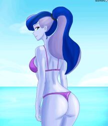 1female 1girls 2024 artist_name ass bikini black_hairband blue_hair blue_sky butt deviantart deviantart_link deviantart_username equestria_girls female hasbro human looking_at_viewer looking_back medium_ass my_little_pony ocean_background ponytail purple_bikini sarahthefox97 sea solo standing two_tone_hair vice_principal vice_principal_luna